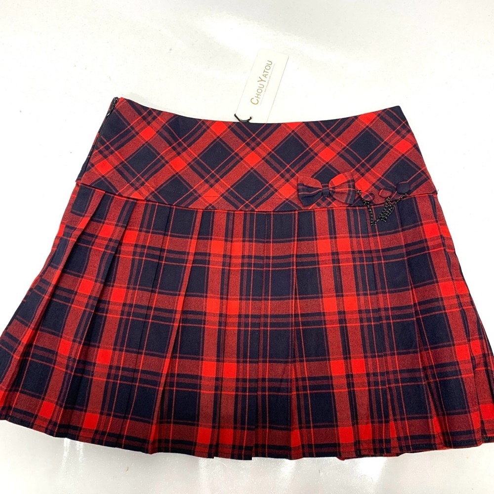 Chouyatou Preppy Pleated Skirt Large  Red Blue‎ Plaid Short Academia Wool Blend